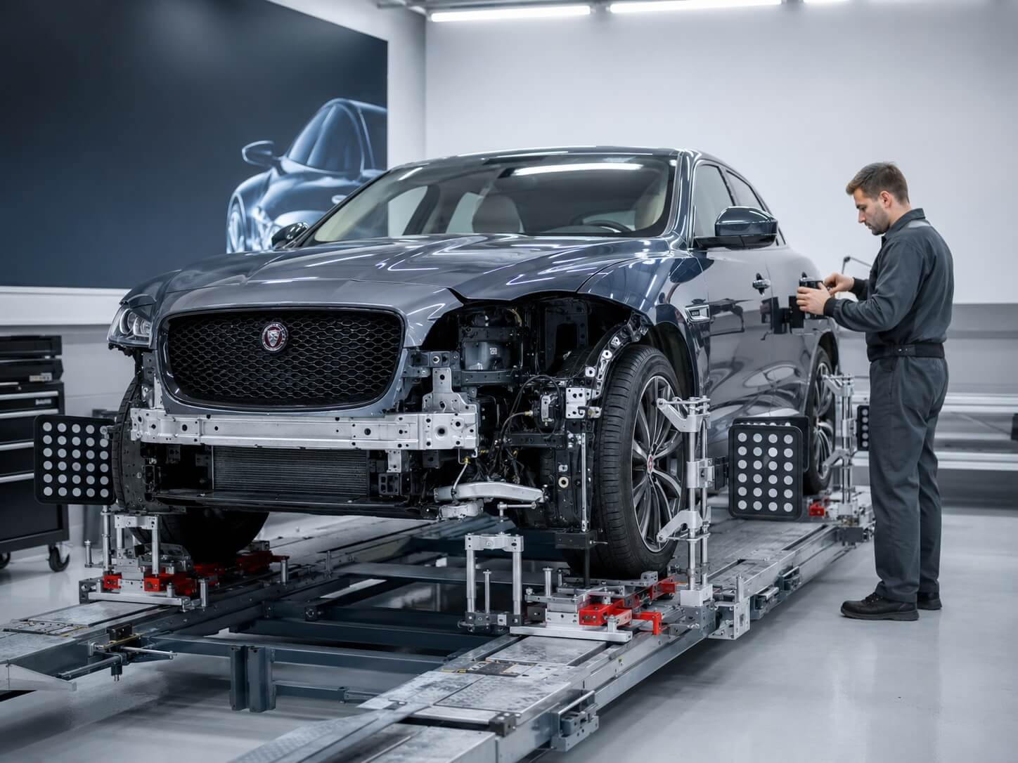 Проверка геометрии кузова Jaguar после ДТП на стапеле